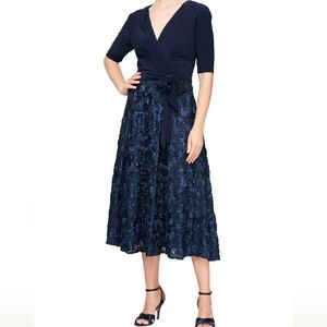NWT Alex Evenings Size 10 Tea-Length Lace & Jersey Cocktail Dress